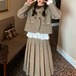 【2点セット】配色ラウンドカラーダブルボタンジャケット+プリーツスカート ・79141