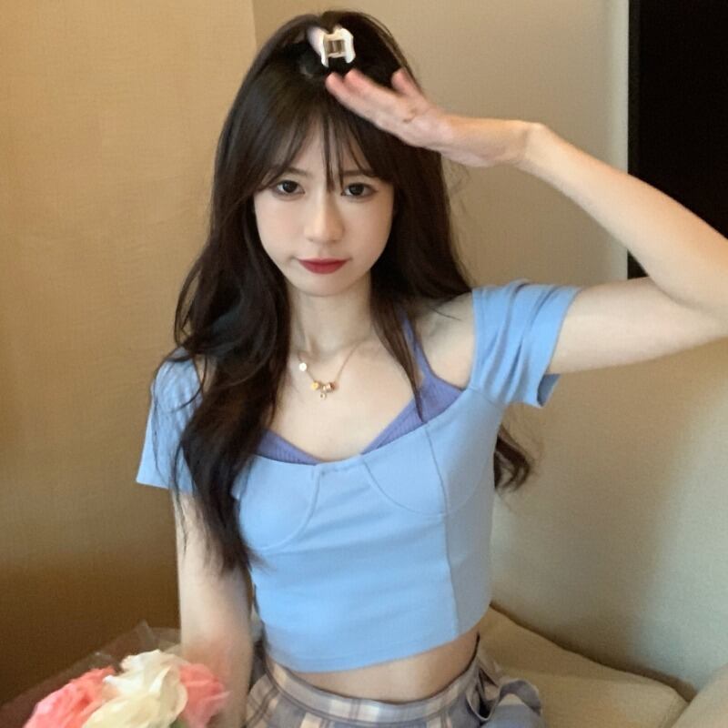 サマースタイルストラップレスカラースリムトップス Tシャツ 夏物 ピュア YY-ファッション97881137885