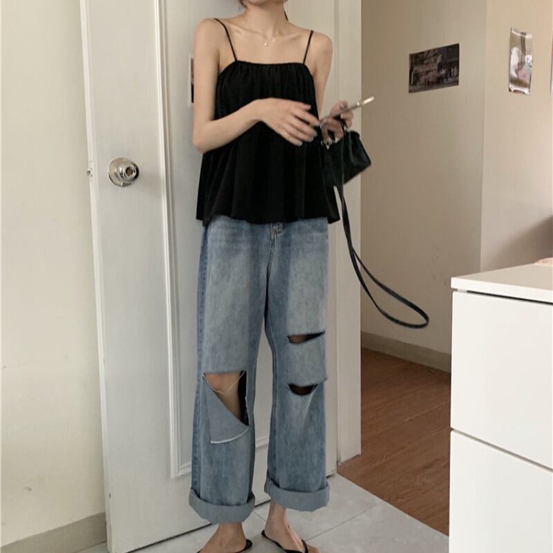 レディースサマーハイウェスト薄手ルーズパンツ レッド 夏物 ブラックストロベリース4465313902