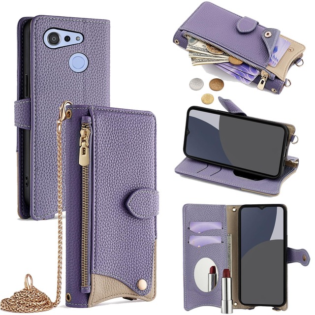 For GRATINA KYV48 ケース 手帳型 ショルダー For Android One S6 アンドロイド ワンS6 カバー 財布型 肩掛け 横+縦 2掛け方 斜めがけ 化粧鏡付き おしゃれ ジッパー小銭入れ カード収納 横置き ロングストラップ 耐汚れ PUレザー 防指紋 高耐久性 女性用 贈り物 COCOCLOUD パープル