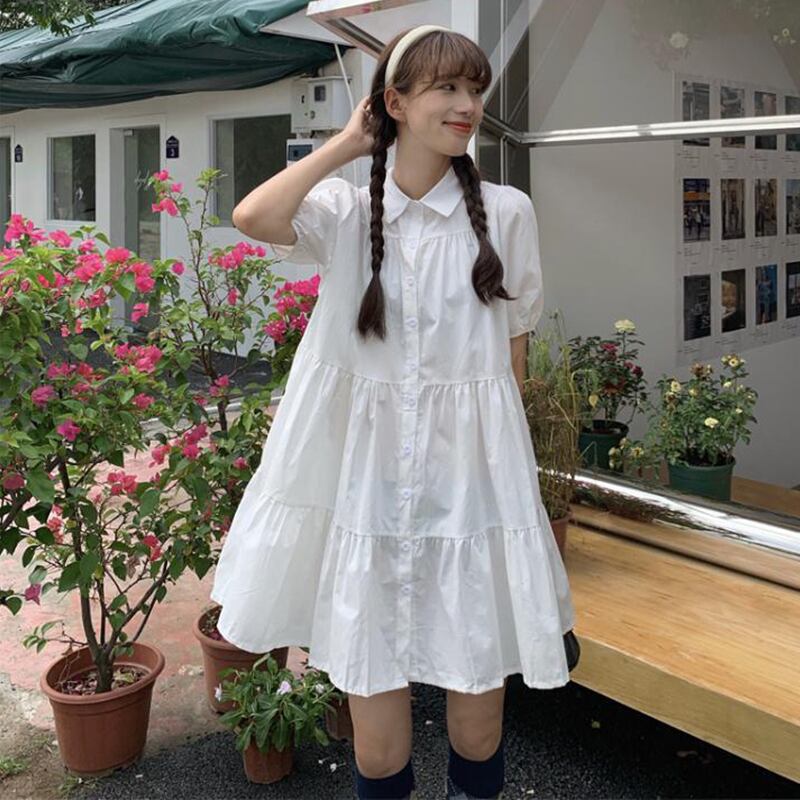 スタイルカラーシャツ ホワイトドレス サマースリーブスカート ルーズスリム 大人ガーリー スウィート キュート カジュアル 夏物 萌量不足95899368882