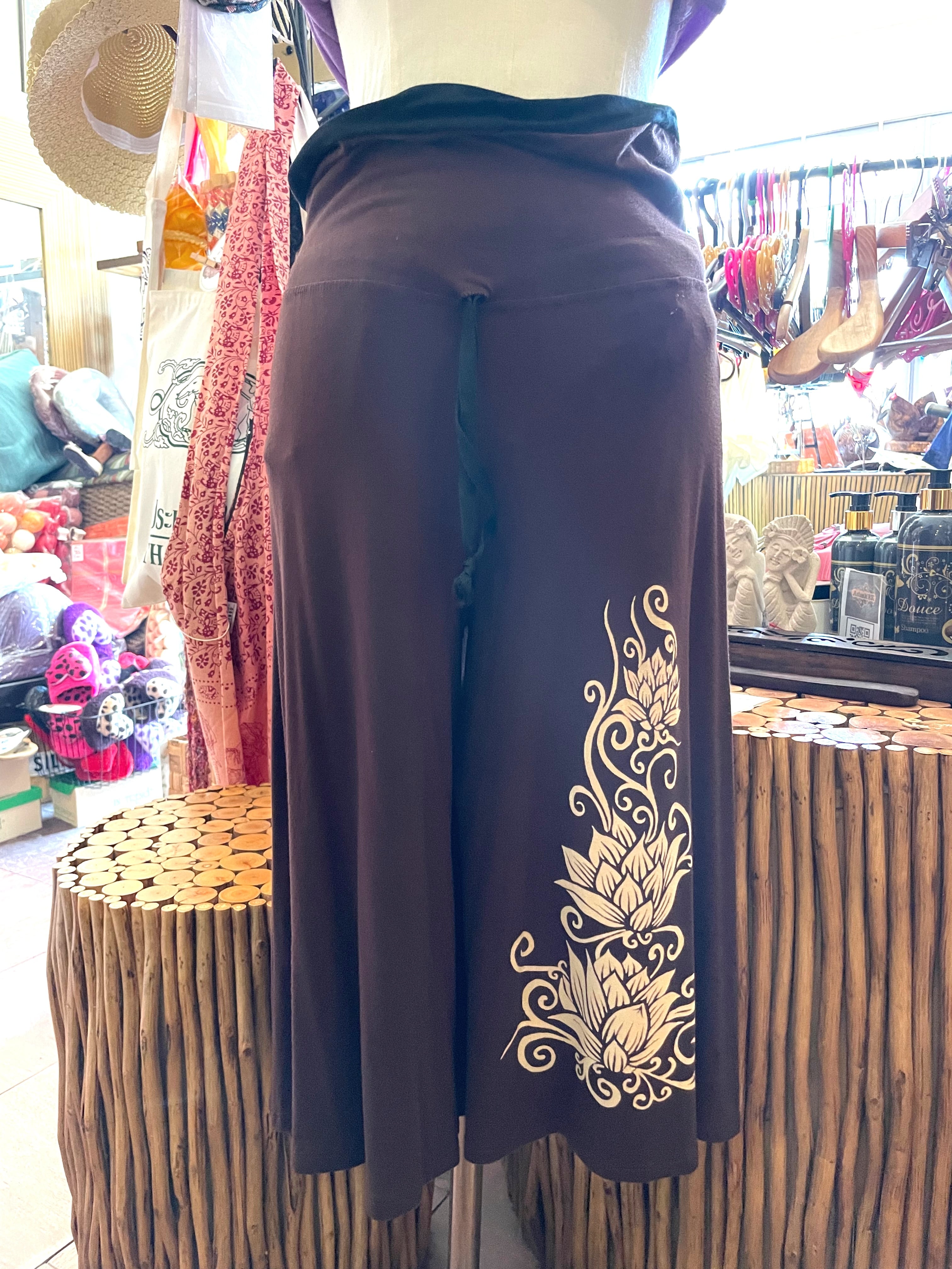 フレアパンツ ワイドパンツ ロータス柄 ガウチョパンツ アジアン