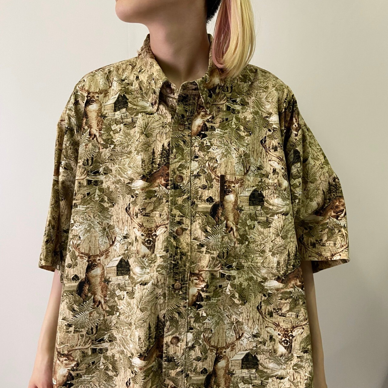 ビッグサイズ NORTH RIVER コットン シカ アニマル柄 総柄シャツ 