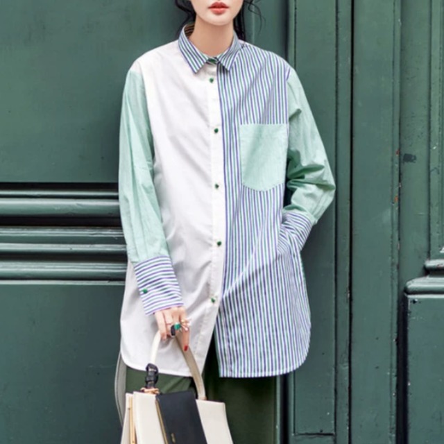 異素材パターンサイドスリットのLong shirt (kai1357)
