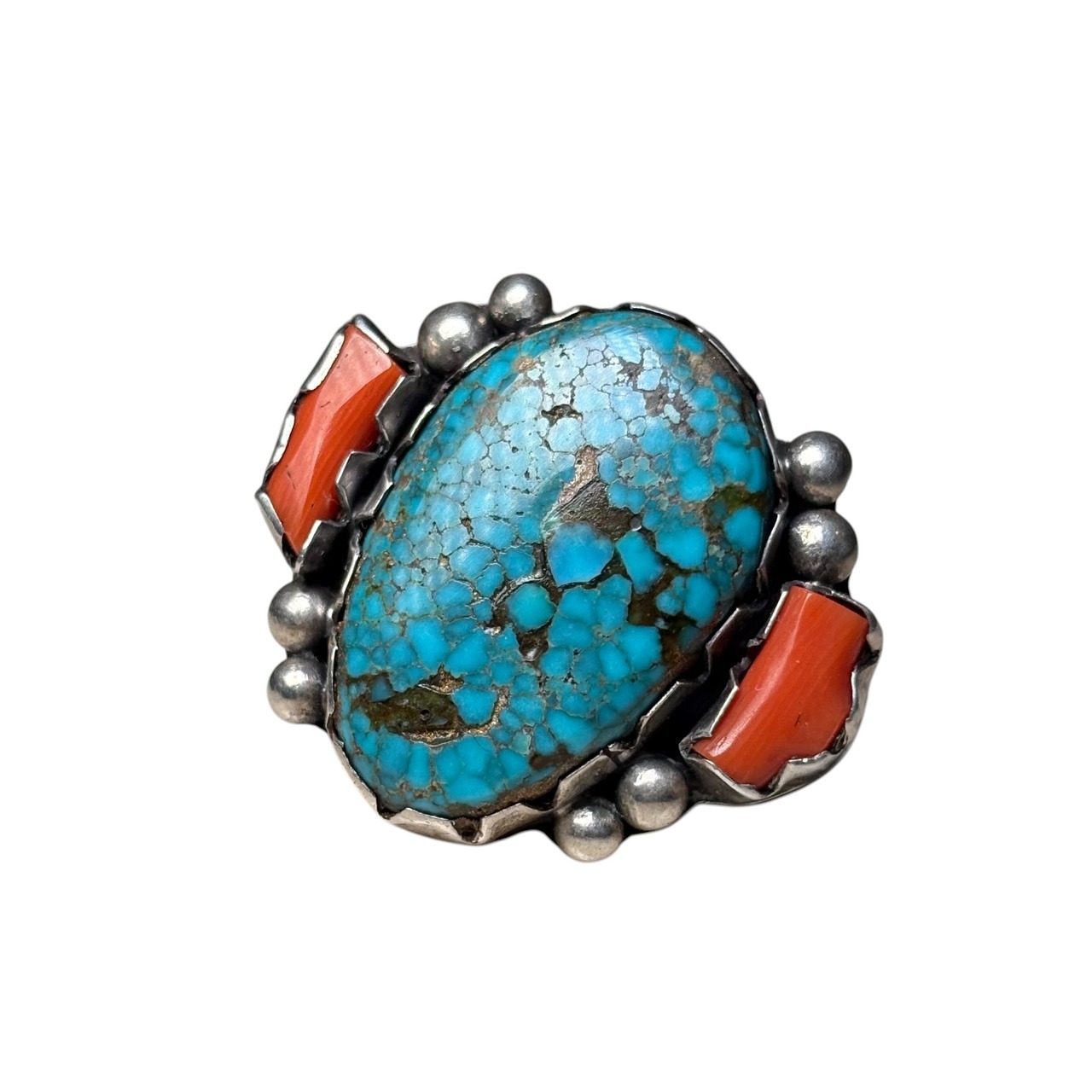 vintage Navajo silver high grade turquoise & coral ring