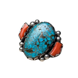 vintage Navajo silver high grade turquoise & coral ring
