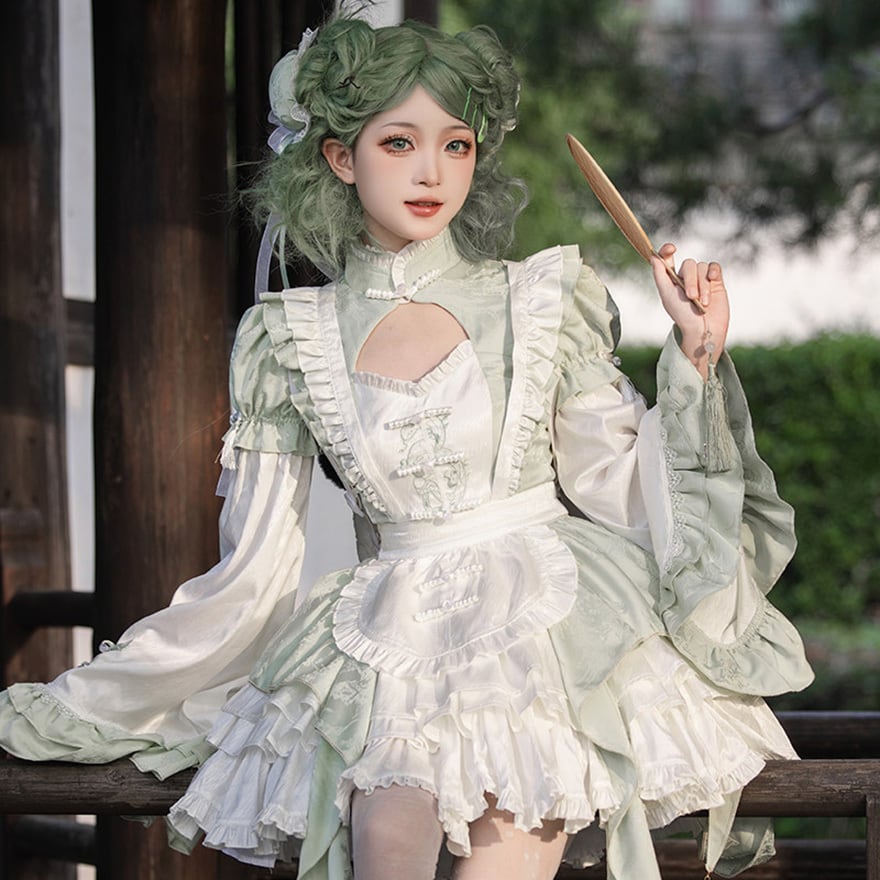 中華ゴシック メイドワンピ エプロン付き チャイナボタン |天使と悪魔
