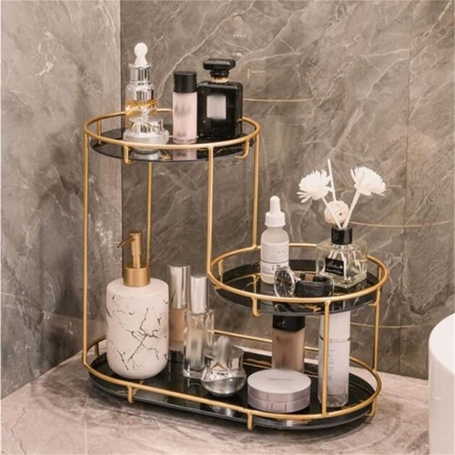 ラック 軽量 高級 洗面台 化粧品 収納ラック 二層 バスルーム デスクトップ収納ラック スキンケア 香水 コスメ 黒 ブラック 白 ホワイト ラウンド型