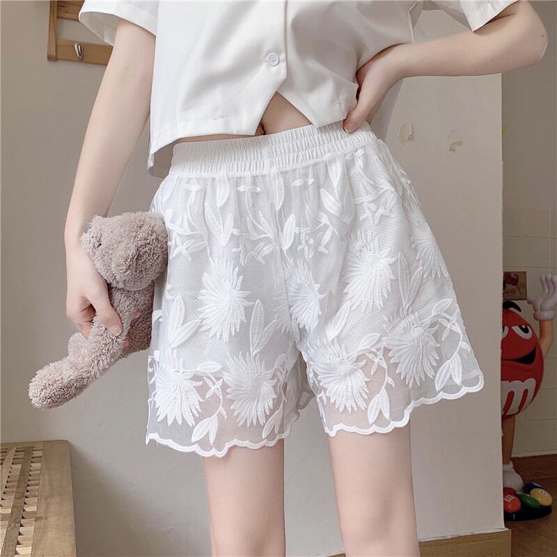 レース薄手サマールーズショーツ レッド 刺繍 大人ガーリー スウィート キュート カジュアル 夏物 ブルマー 萌量不足10873941518