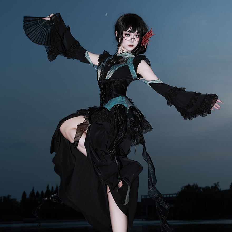 ドレープシアー チュールフリル 紺 黒 ゴシック V系 archive グランジ 中華ゴシック ドレス ドラゴン刺繍×フィッシュテール 舞台向け｜WithU