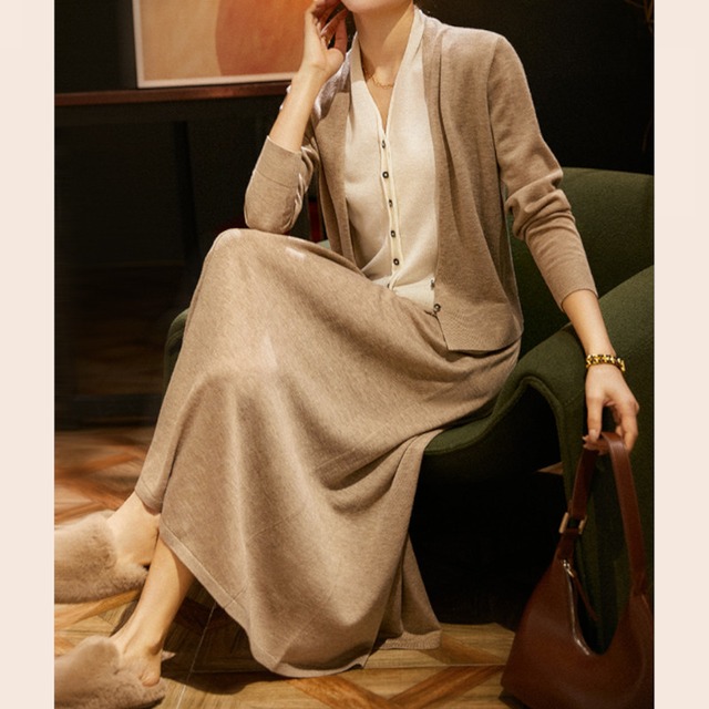 レイヤード風カーディガン＆ロングニットスカート A00591