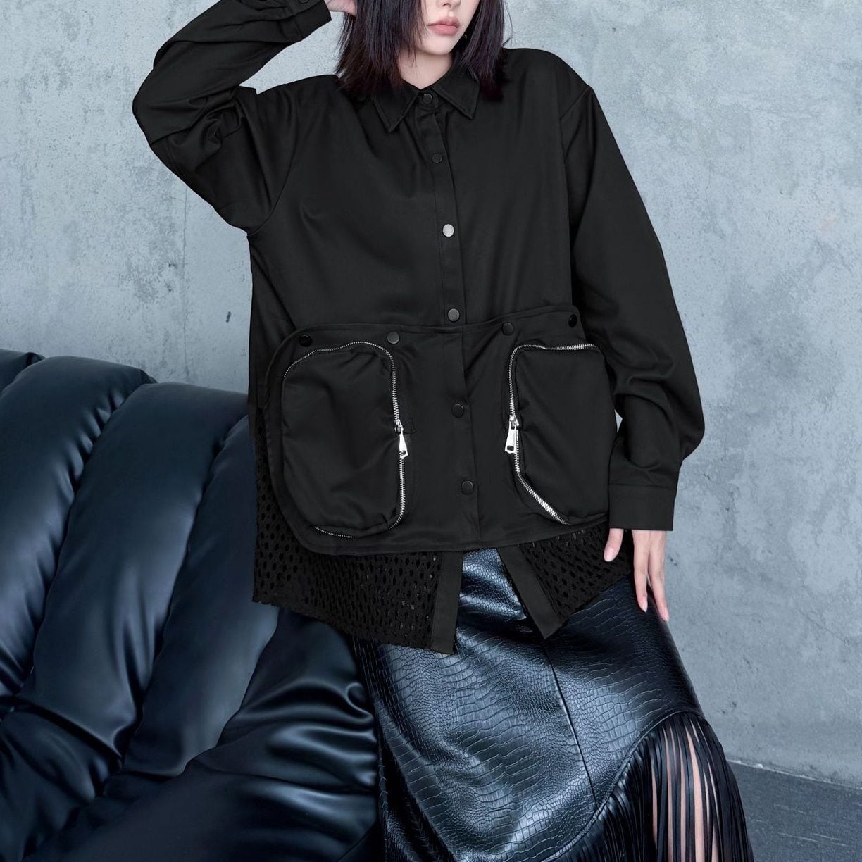 BLACK DESIGN POCKET MESH STITCH LONG SLEEVES SHIRT 1color M-15170