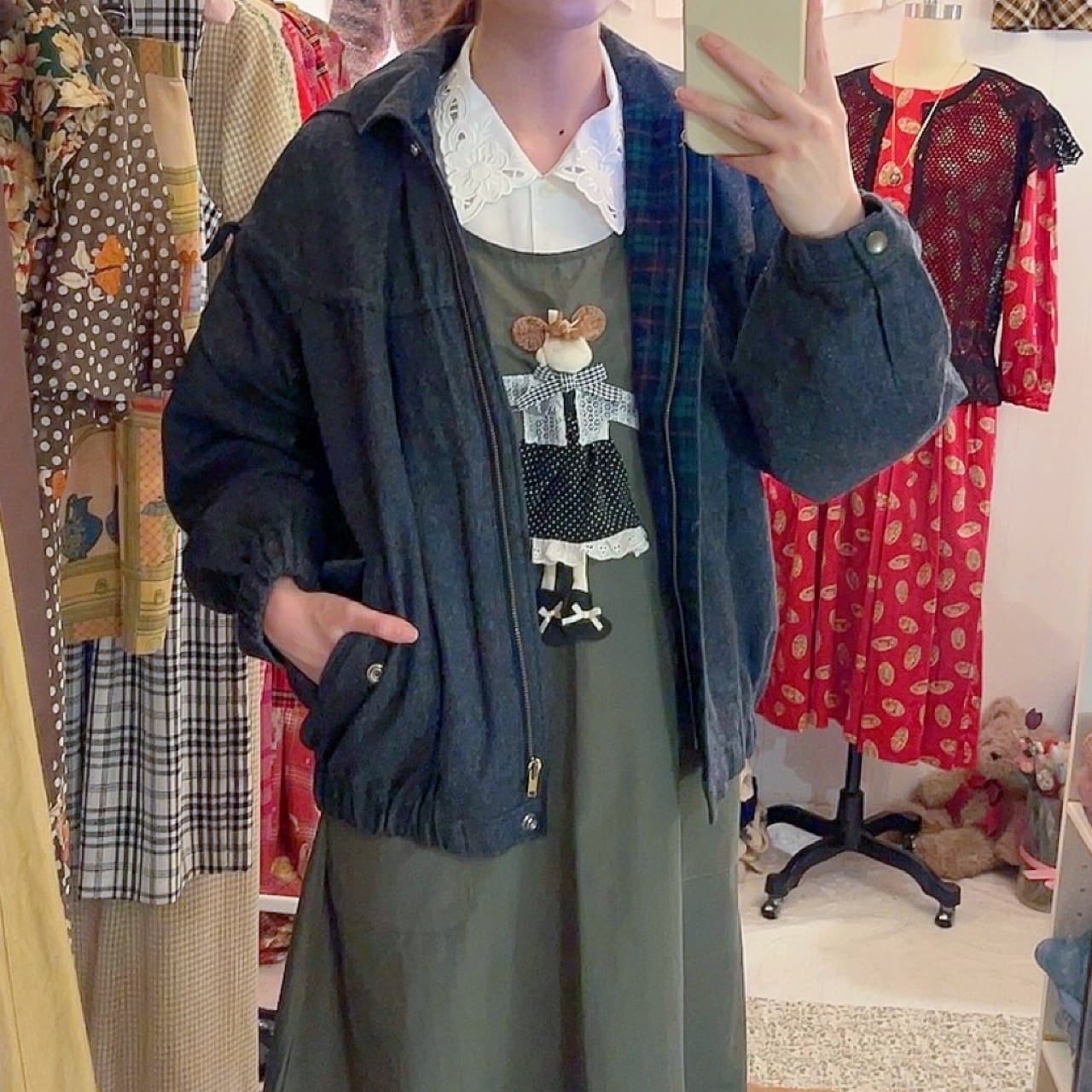 green check hoodie blouson