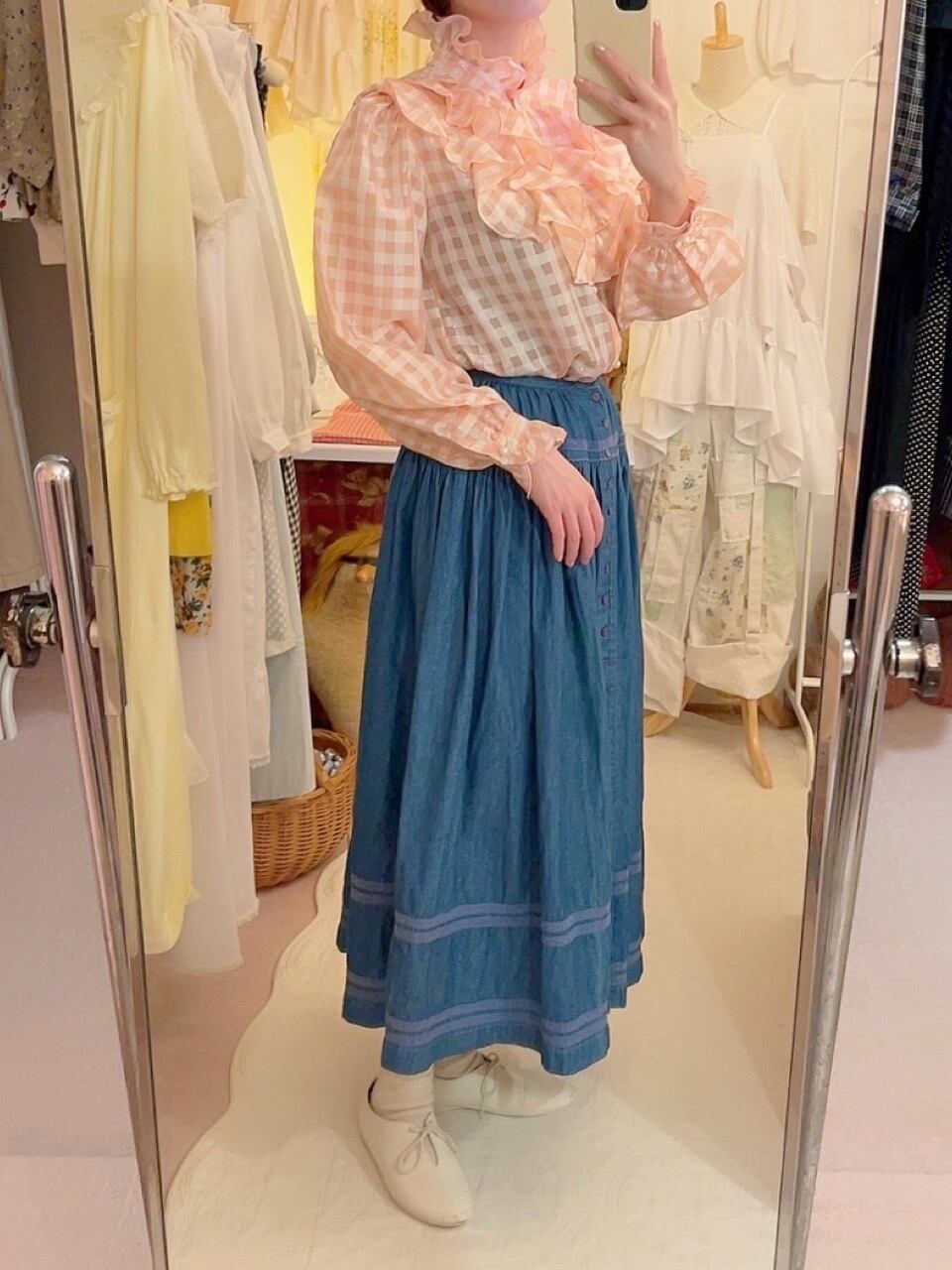 pink check frill stand collar blouse