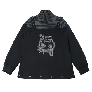 ダブルショルダーストラップボーダーハイネックキャットグラフィックトップス(lli_7358)