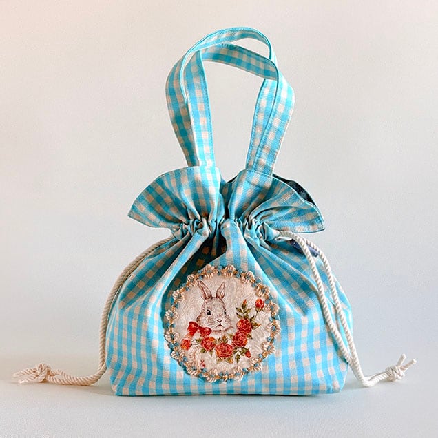 巾着ミニトートバッグ水色『マーシャの薔薇』