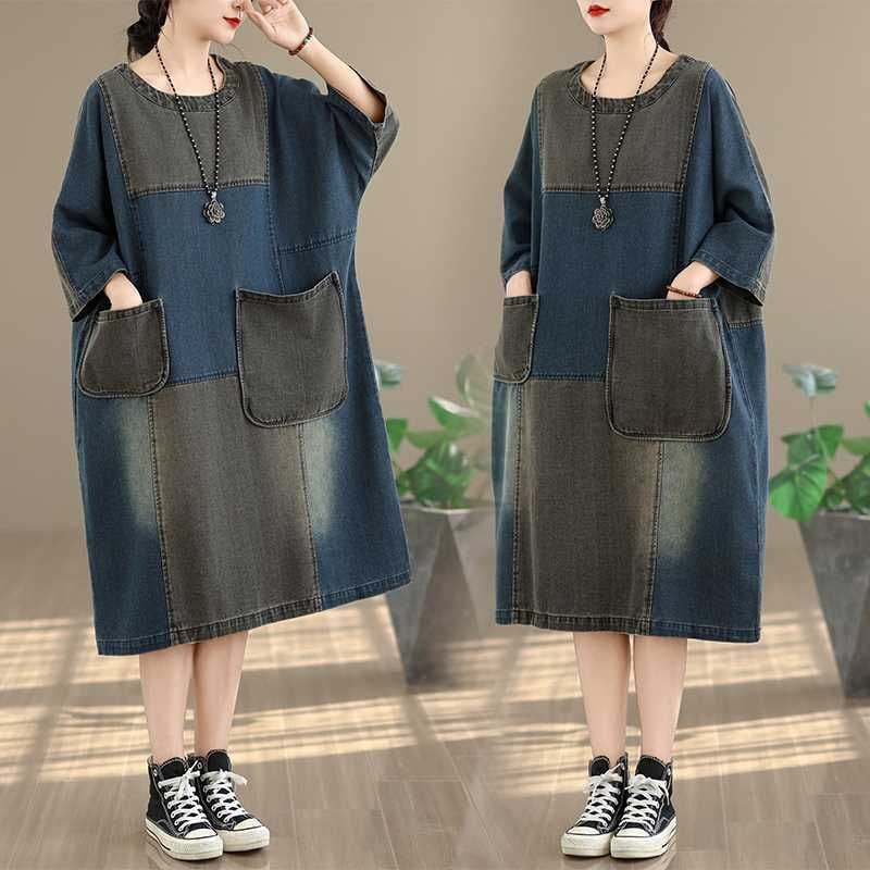 DENIM PATCHWORK BOAT NECK 3/4 SLEEVES MIDI PULLOVER DRESS 1color M-16052