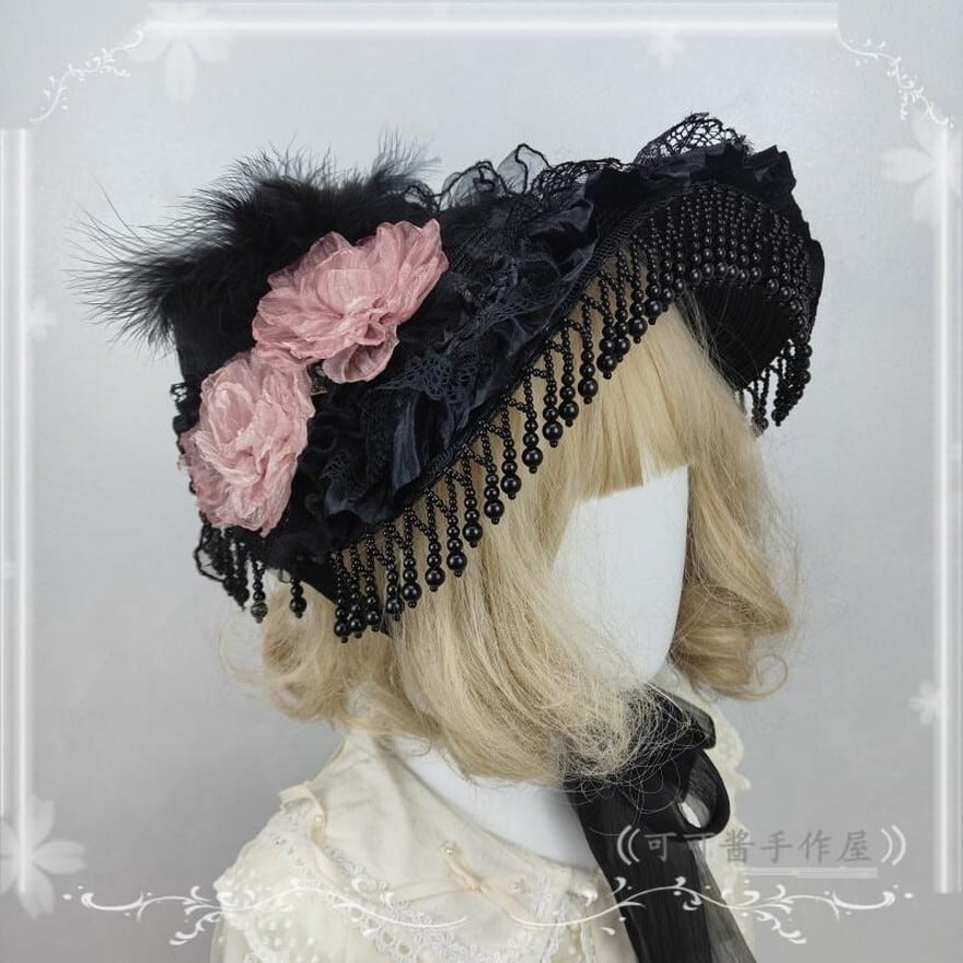 ゴスロリ ボンネット ヴィンテージ フェザー 羽毛 レース ハロウィン