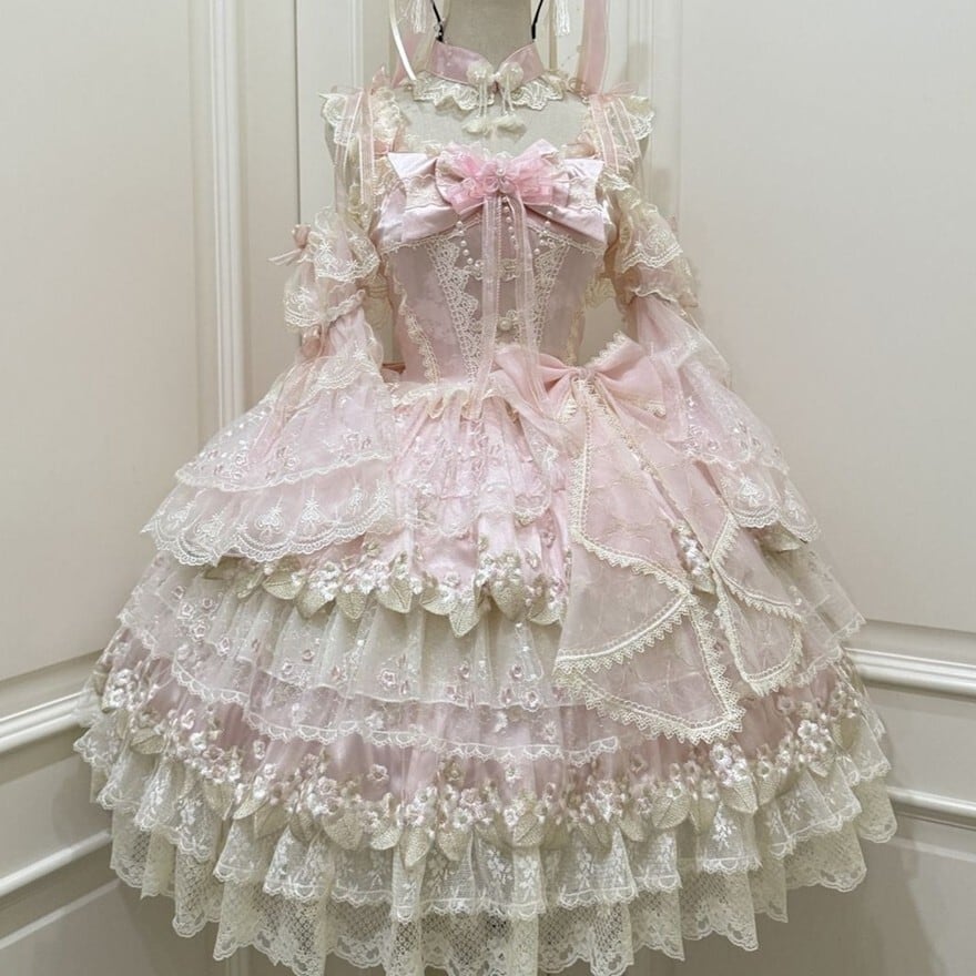 【即納】ロリータドレスセット JSK ピンク×ホワイト リボン フリル 甘ロリ 甘ロリJSK チョーカー 姫袖付き ピンク 多層フリルレース姫系ロリータ
