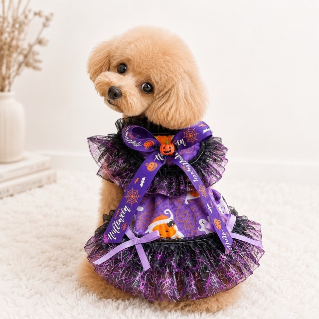 【海外ハンドメイド】ハロウィンパープルドレス　犬服　01325