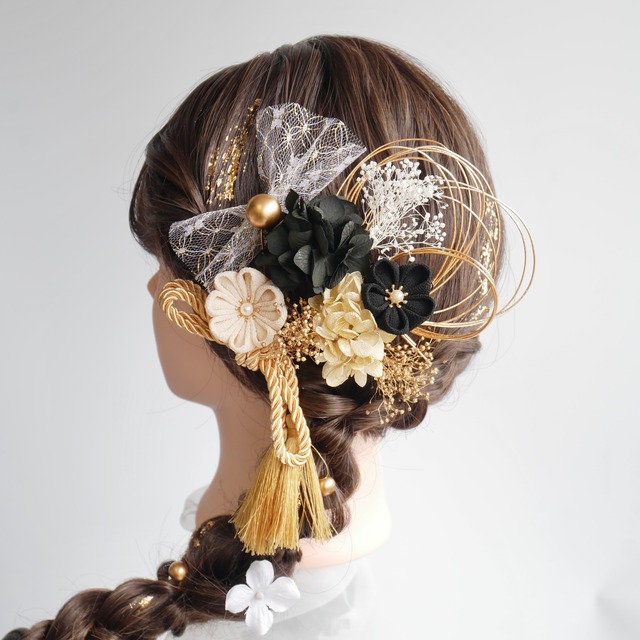 A417 つまみ細工　髪飾り　黒　卒業式　袴　結婚式　ドライフラワー　成人式