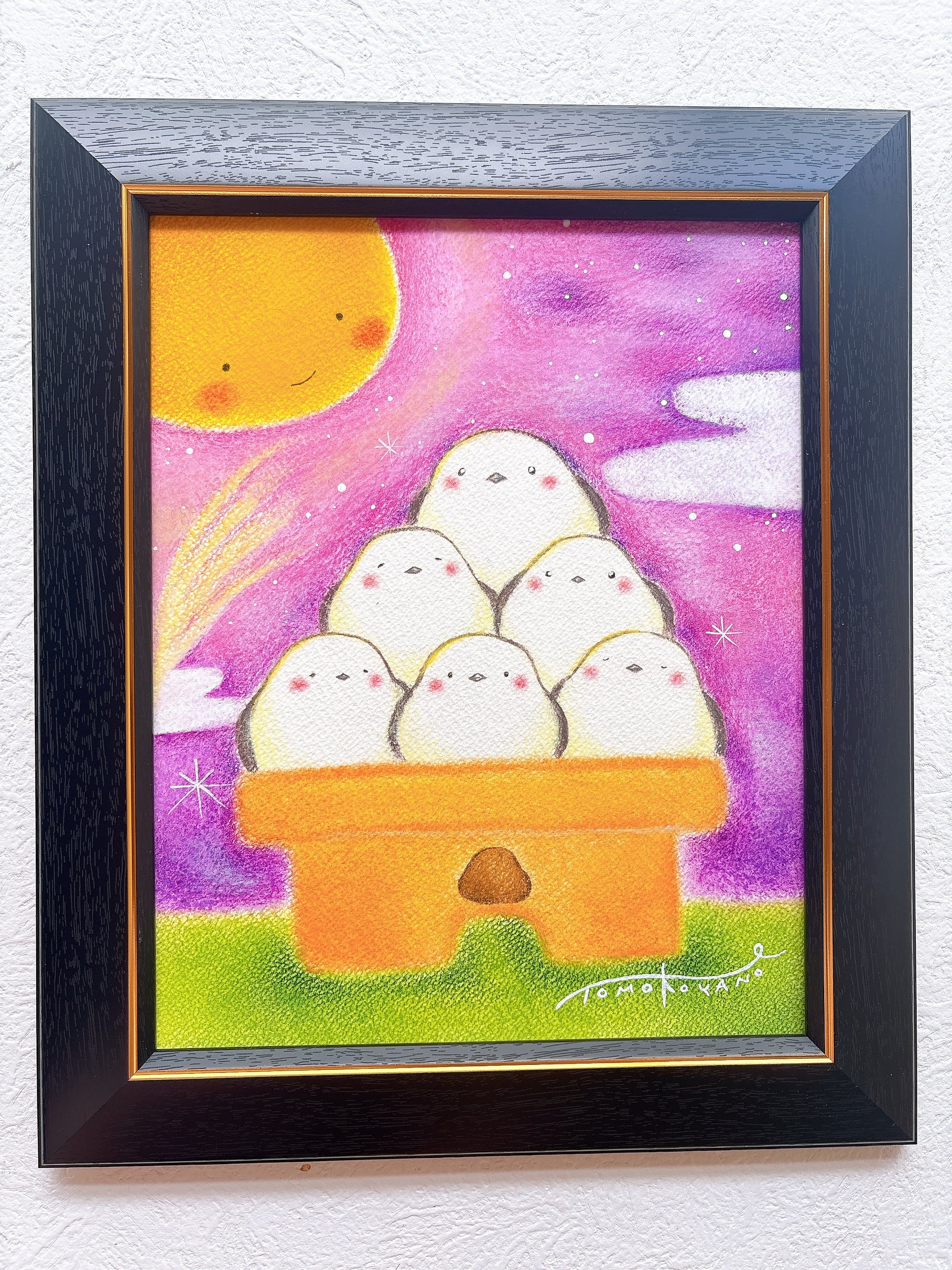 お月見団子シマエナガ】一点もの原画 シマエナガの絵 北海道の白い鳥