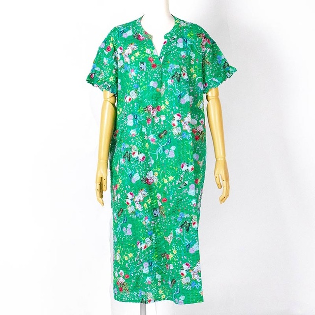 【セール】ワンピース　TUNIC　６０シルキーローンサッカー・スイートガーデン　半袖Vネックネグリジェ　グリーン　フリーサイズ　SSS-53088-C　￥２3,１００➡￥１6,１７０