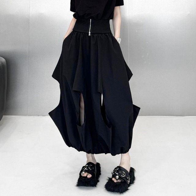 ASYMMETRIC CUTOUT ELASTIC WAIST PUFF MIDI SKIRT M-17744
