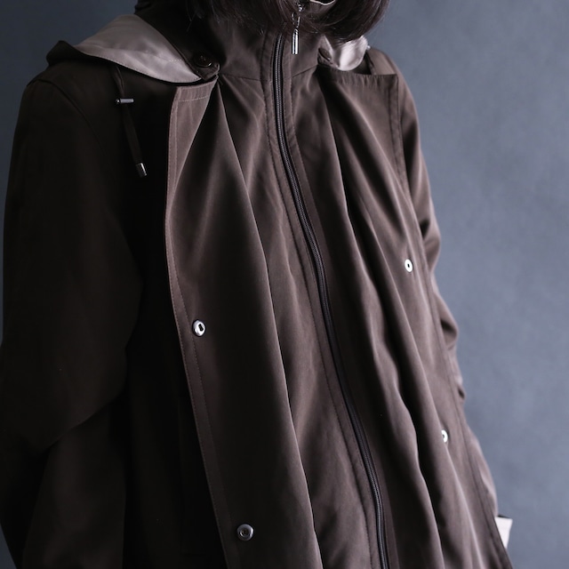 bi-color switching zip-up and button high-neck jacket coat with liner and hooded