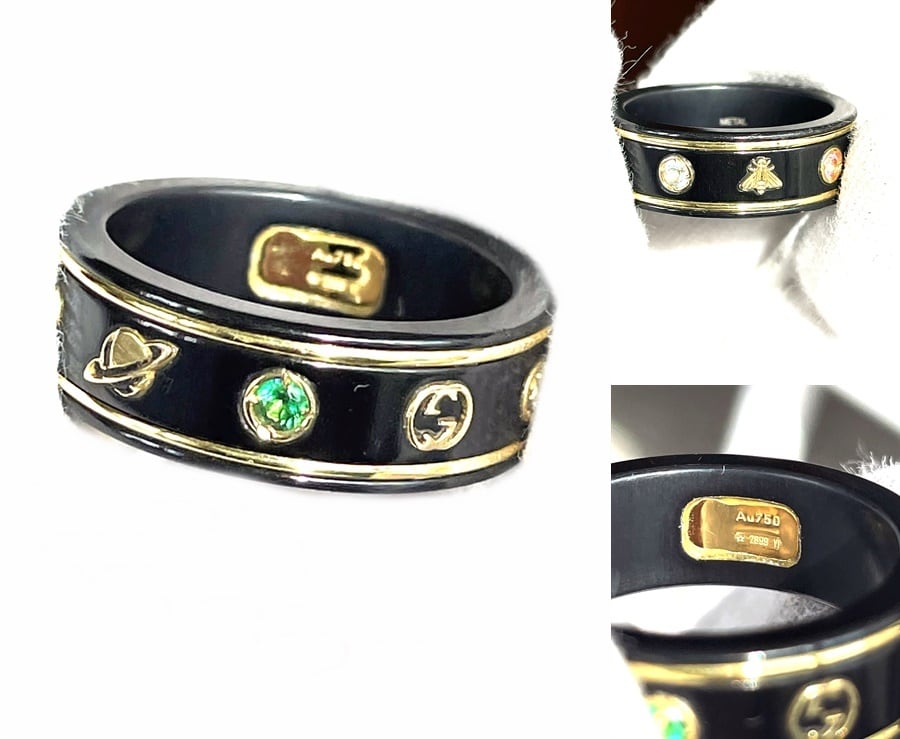 GUCCI✨グッチ アイコンリング ブラック 約15号 コランダム セラミック GUCCI グッチ 新作 K18 YG ビー スター ジェムストーン付き アイコン