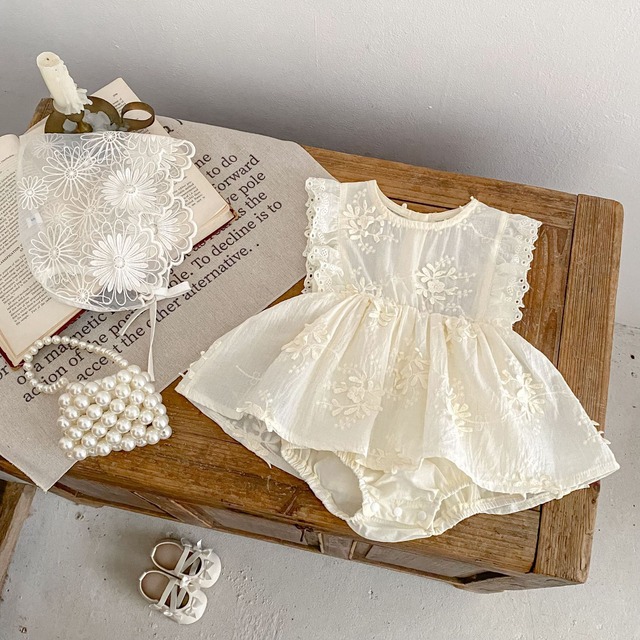 【BABY】フローラ刺繍レースフリルワンピースロンパース - 7
