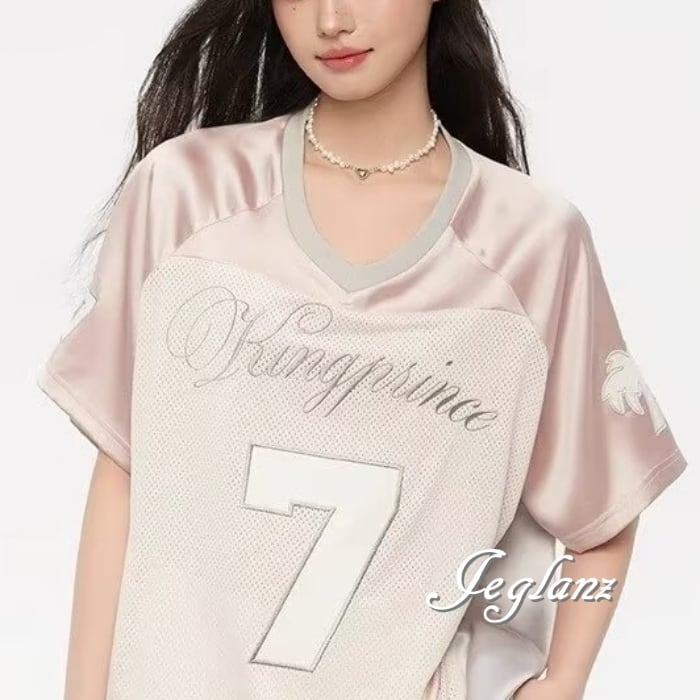 ナンバー ロゴ メッシュ Tシャツ Vネック 光沢 ユニセックス ♪(MC830)β