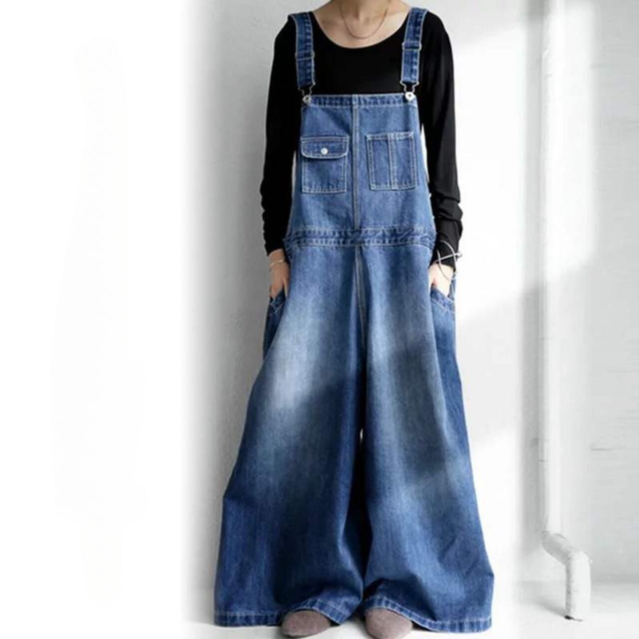 ポケット付き デニム ワイドレッグ オーバーオール Ln00080
