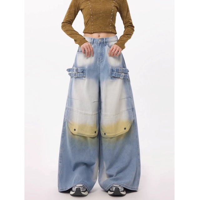 ダブルバックルフェードグラデーションルーズデニムパンツ 1col   R01873
