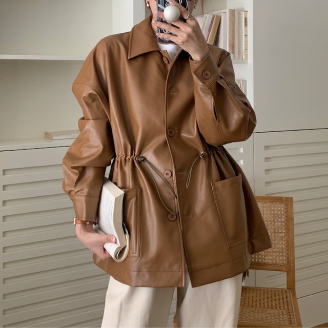 PU leather drawstring waist jacket A935