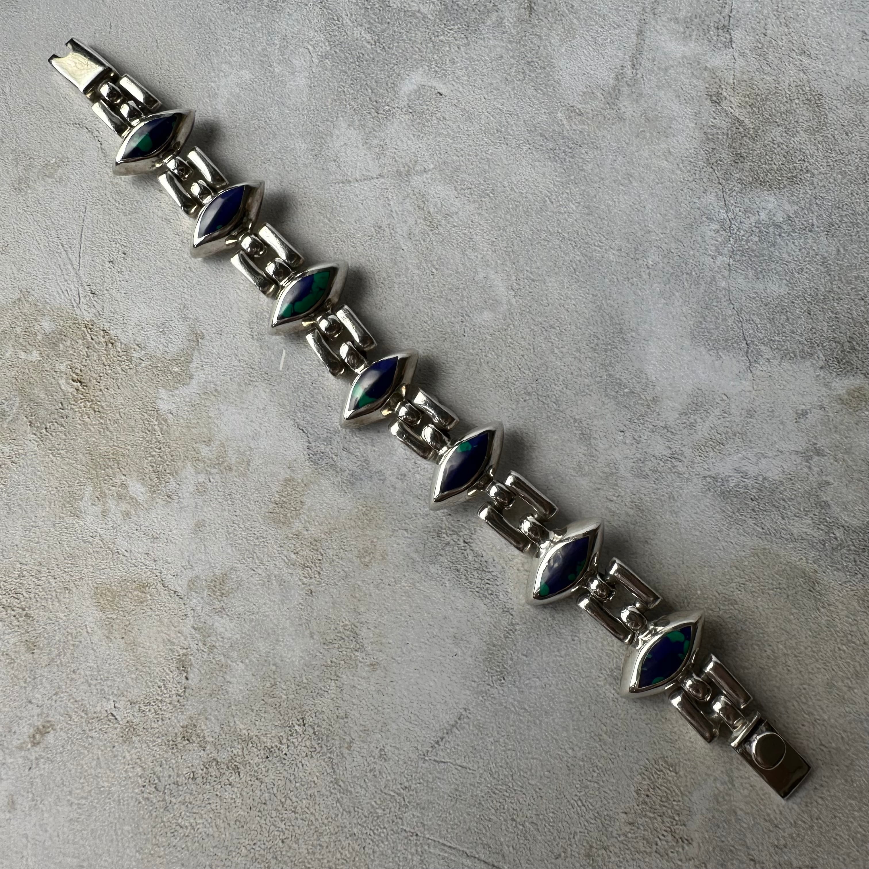 Vintage Malachite Stone Link Bracelet Silver950 Made in Mexico