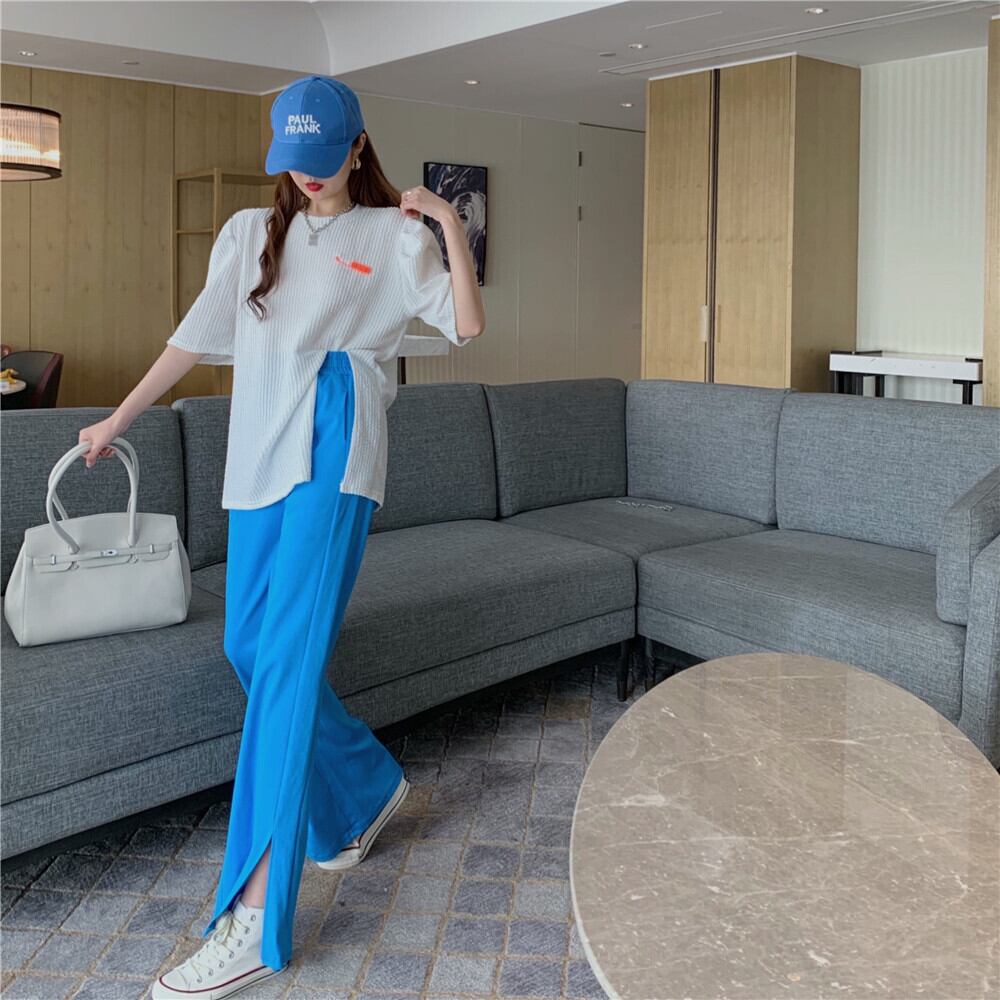 ラウンドネックルーズスリーブスリットTシャツ ハイウェストウェストパンツ サマー 夏物 Oネック ドラファッションホール33643723605