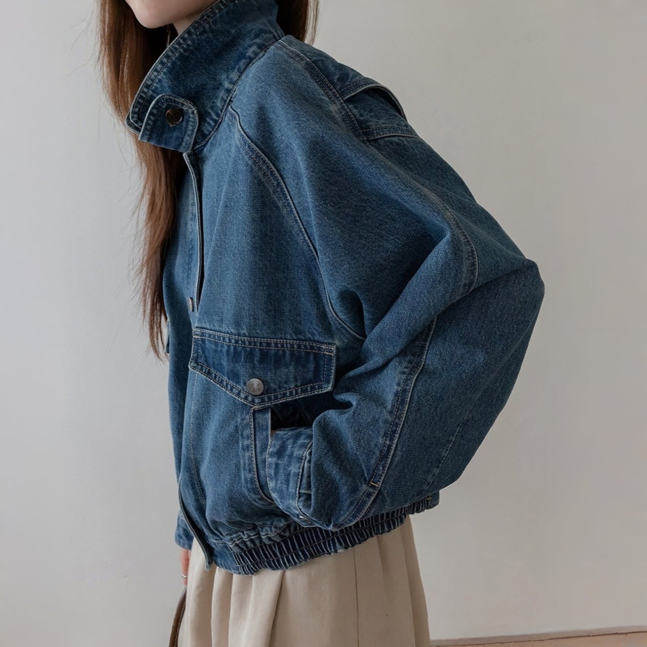 ヴィンテージウォッシュチンストラップスタンドカラーデニムブルゾン A02114