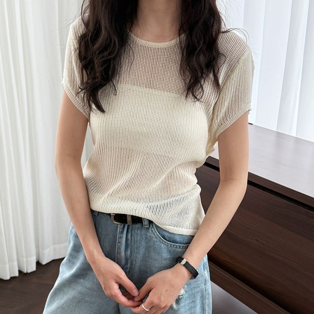 waist ribbon design sheer Knit top L0482