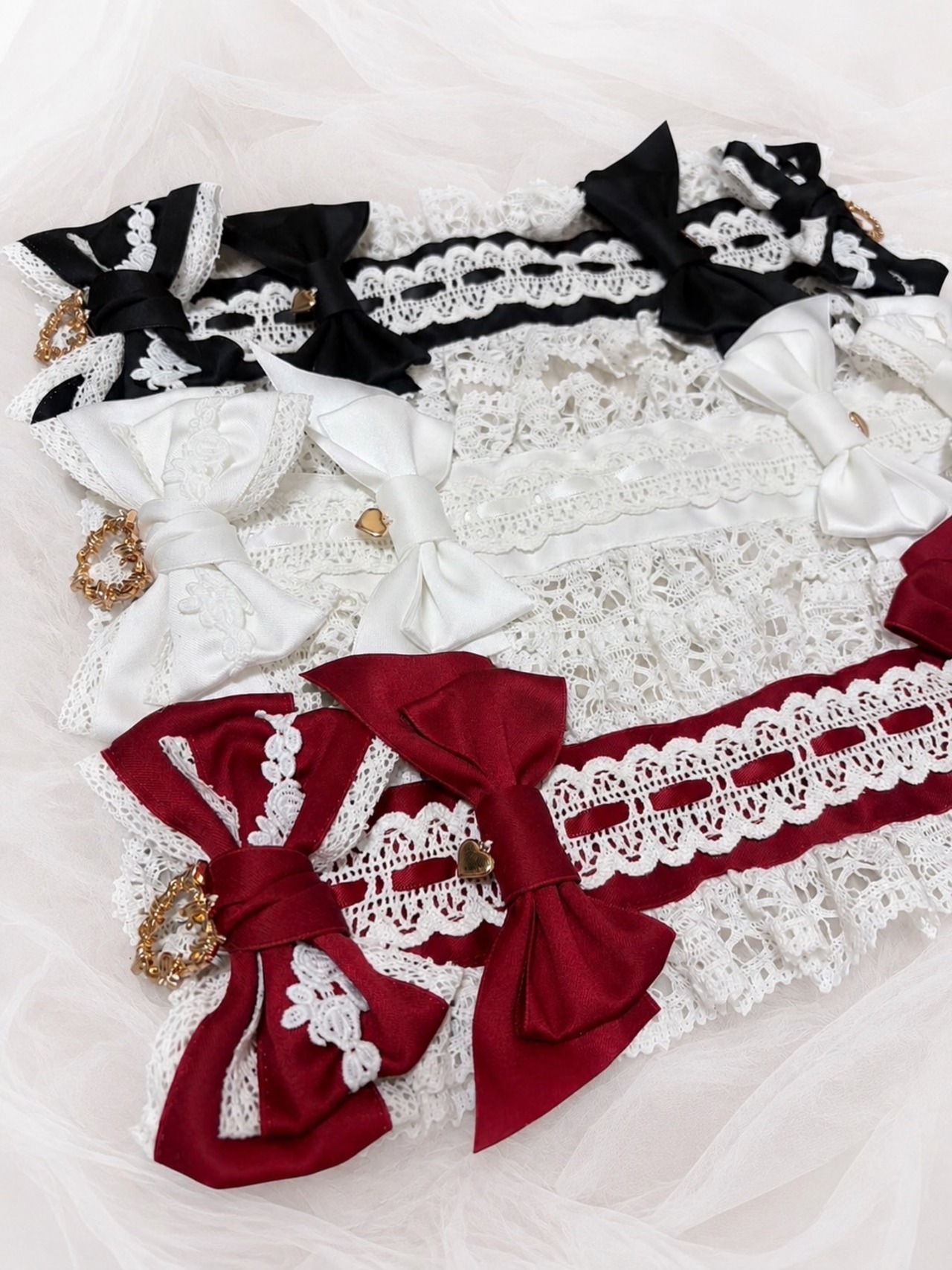 ♡【全9色】 クラシカルフリルレース ダブルリボンヘッドドレス pink ♡