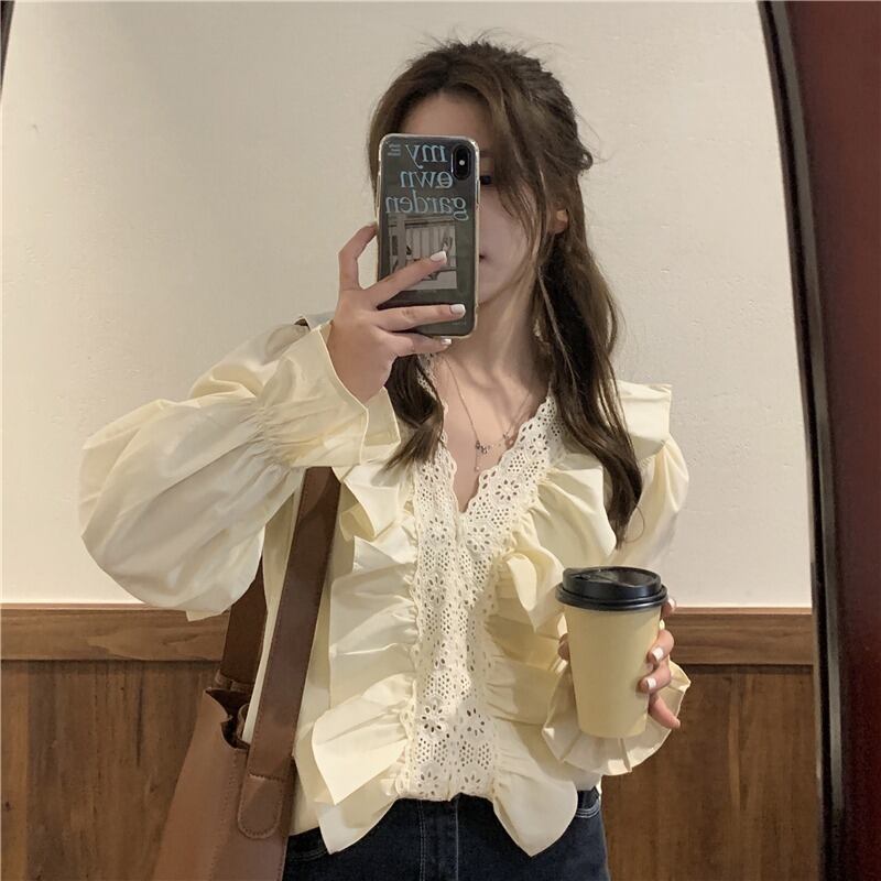 ルーズVネックレースシャツ プルオーバー ブラウス ロング ステッチ YY-ファッション2235056642