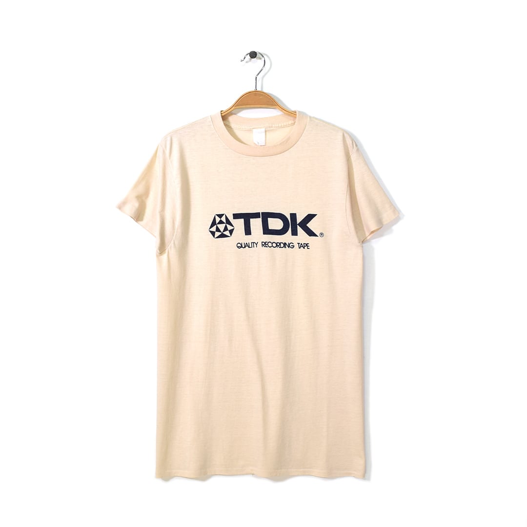 80s カセットテープ TDK ヴィンテージTシャツ 染み込みプリント 袖裾シングル ベージュ サイズL相当 アメカジ 古着 @BZ0144