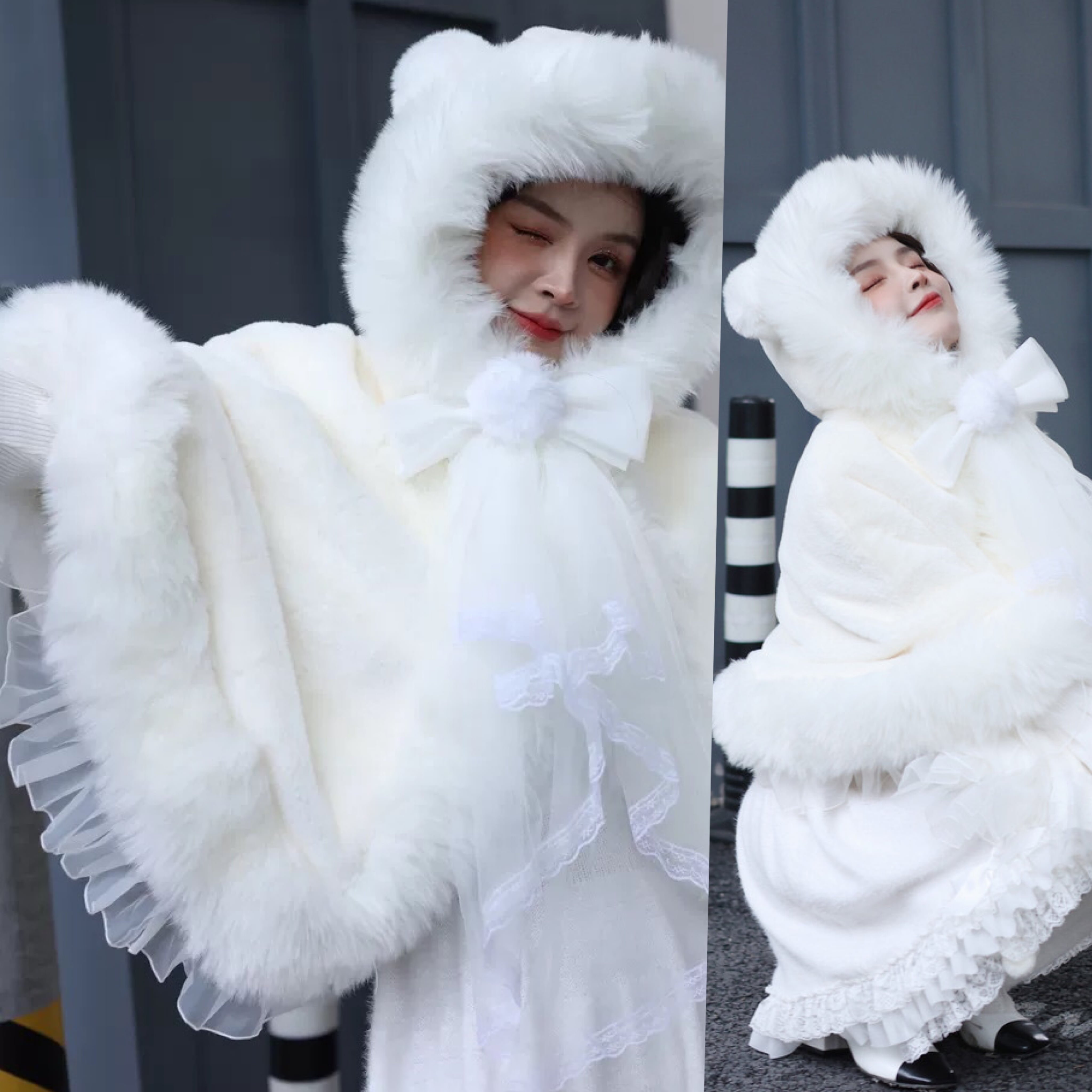 コート 白 ファー ホワイト フード マント ワンピース 姫 原宿
