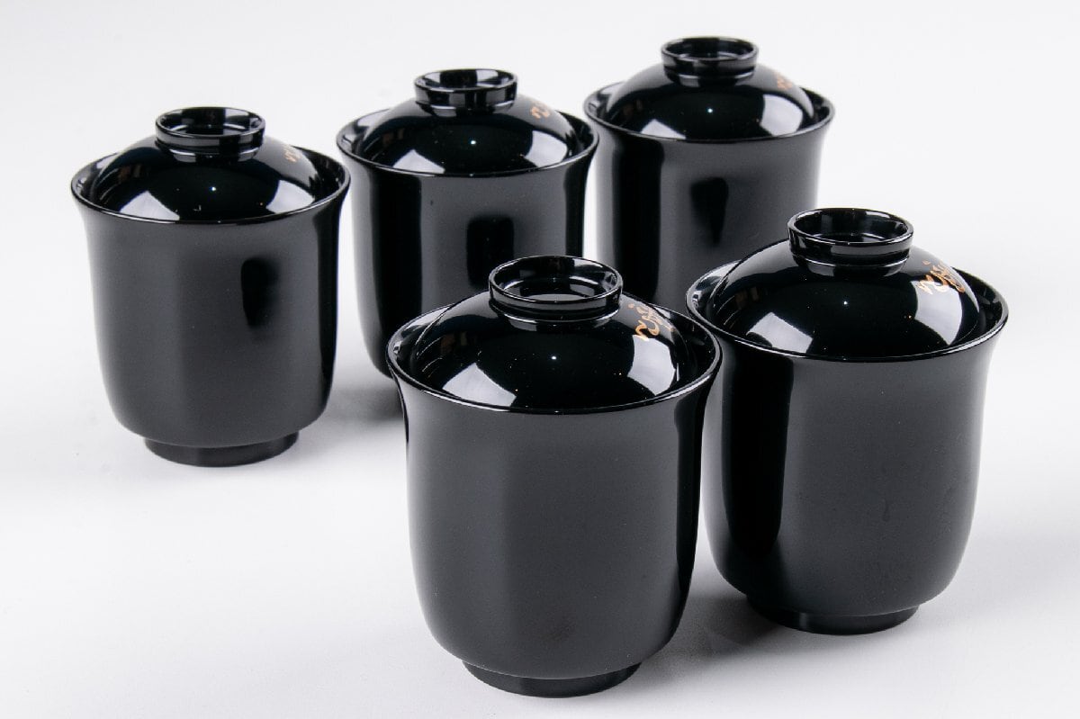 URA]黒漆塗梅菊金蒔絵吸物椀6客⁄4-9-211 (検索)骨董⁄漆盆⁄漆器⁄菓子盆
