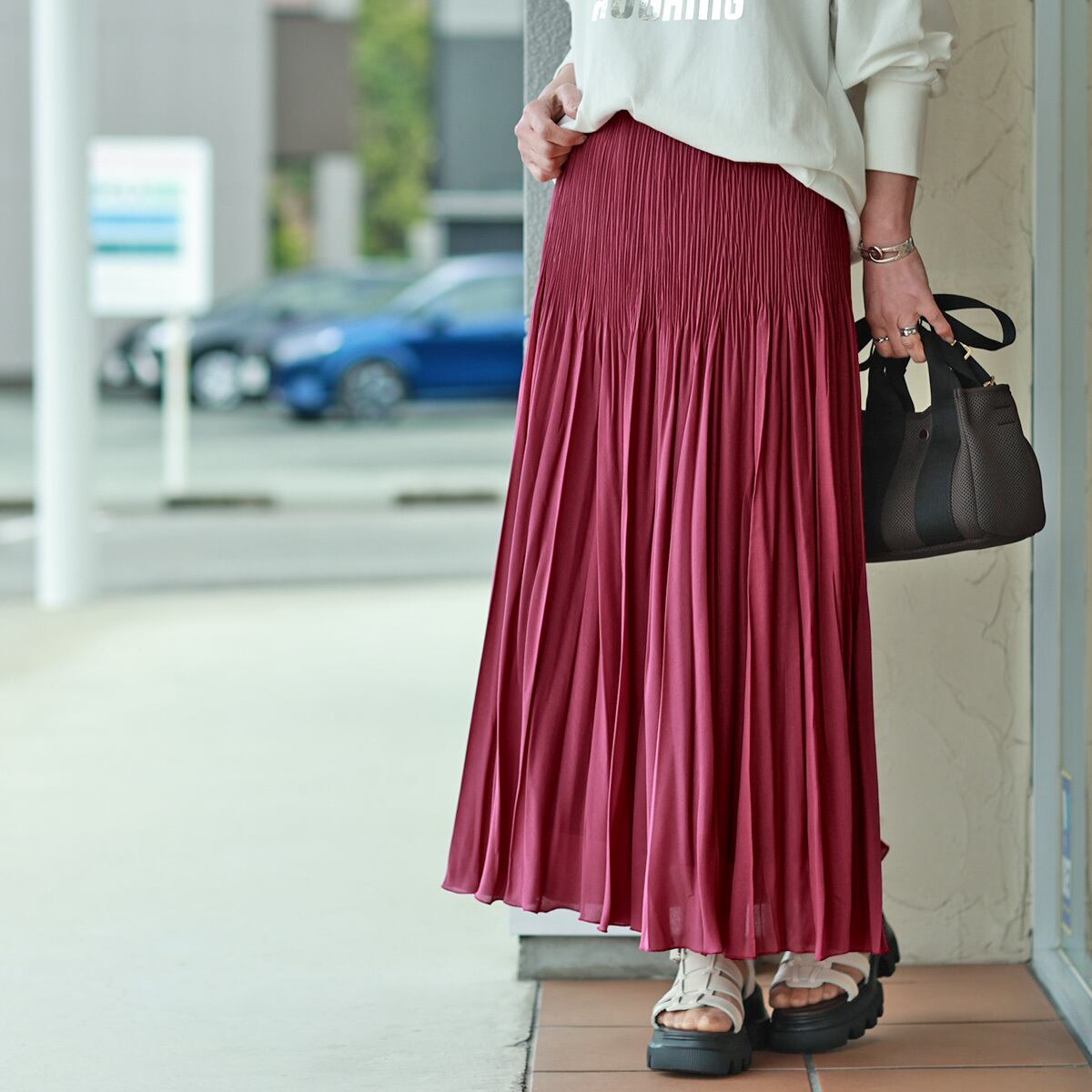 【営業日15:00迄のご注文は当日発送可能】ADAWAS (アダワス) ダブルプリーツ スタイルアップ マキシスカート