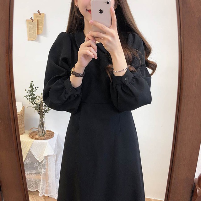 ガーリー ナチュラル 襟付き パフスリーブ ギャザー ナチュラル 長袖 フレアロングワンピース 黒 ベージュ S M L 7149 オフィスカジュアルとガーリーワンピース ブラウスのmeow24h ミャオトゥエンティフォーエイチ