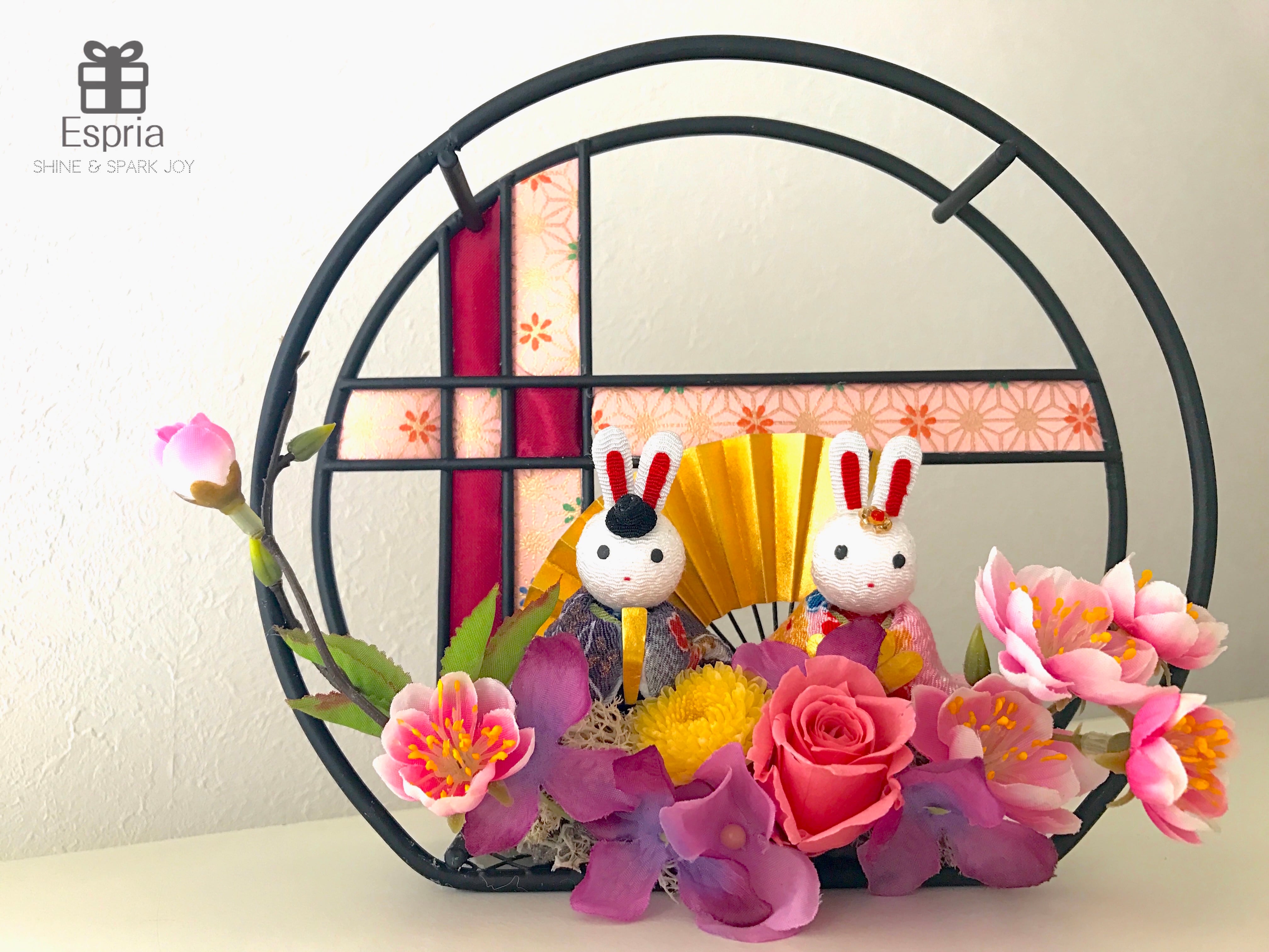 ひな祭り 桃の花 うさぎのお雛様 お内裏様プリザーブドフラワー 送料込 ラッピング込 ボックス代込 和洋モダン 雛飾り ギフト 雛人形 ひな祭り 4u