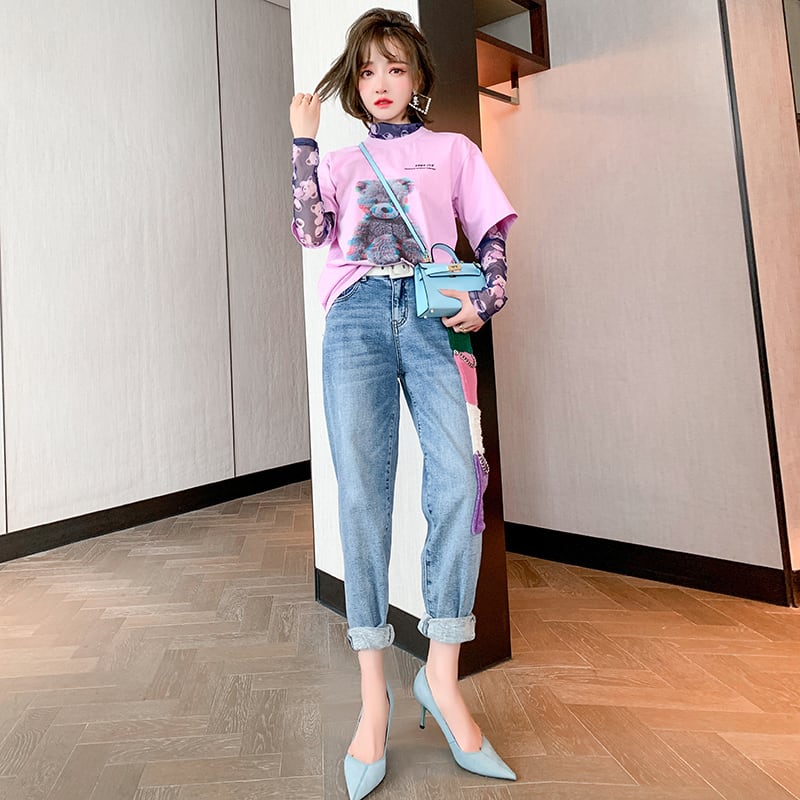 スリムシャツ ルーズラウンドネック半袖スリーブハイウェストウェストジーンズ スプリング ショート ハーフスリーブ 春物 Oネック MIUCO10603095326