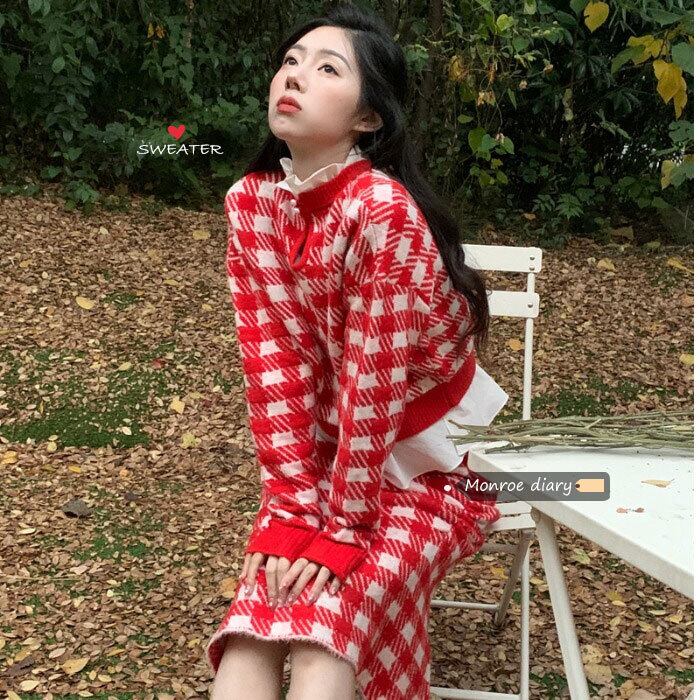 スタンダードレッド格子柄ニットドレス スカート スプリングスタイル レトロ 春物 モンロー12239881766