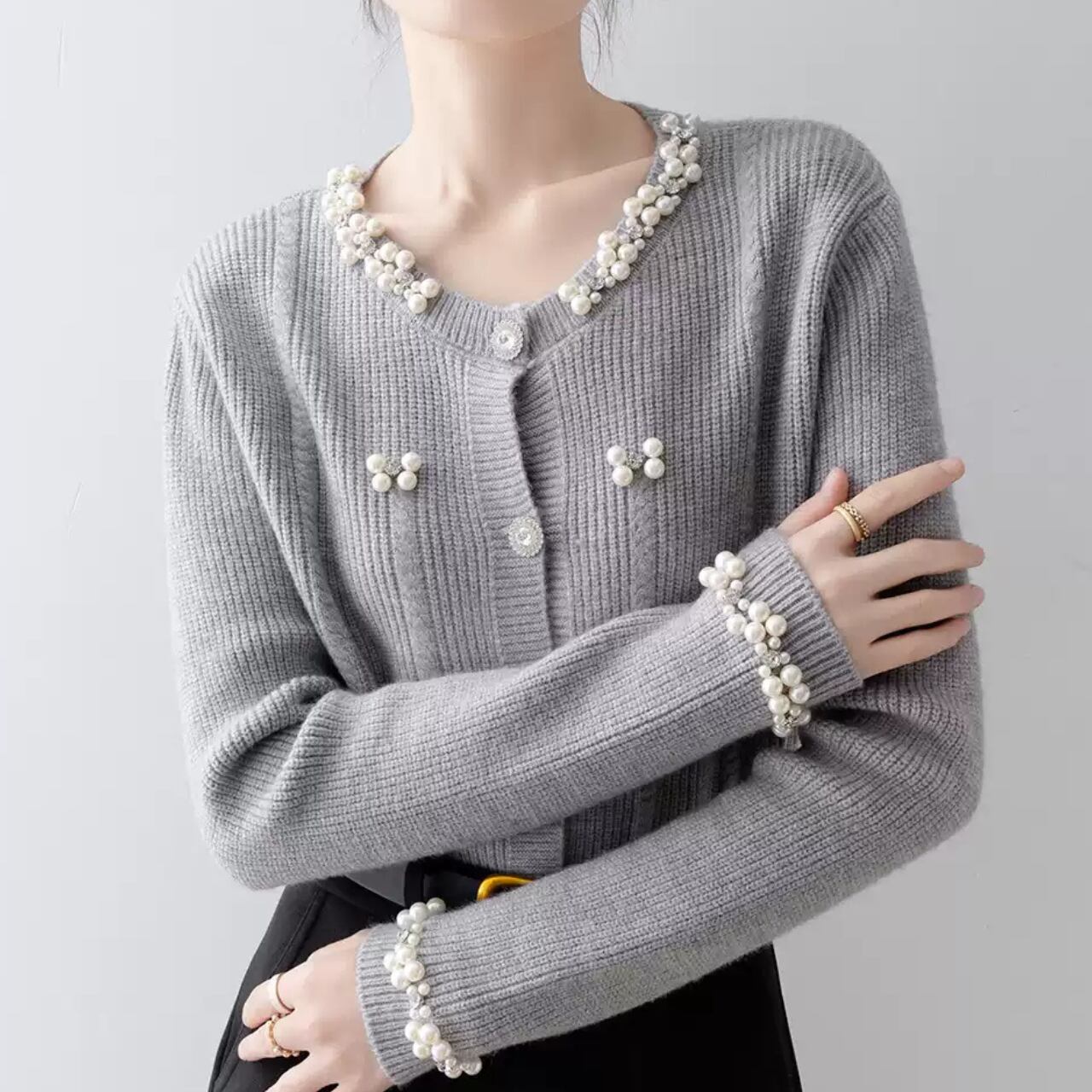 パール ビジュー ニット カーディガン-グレー